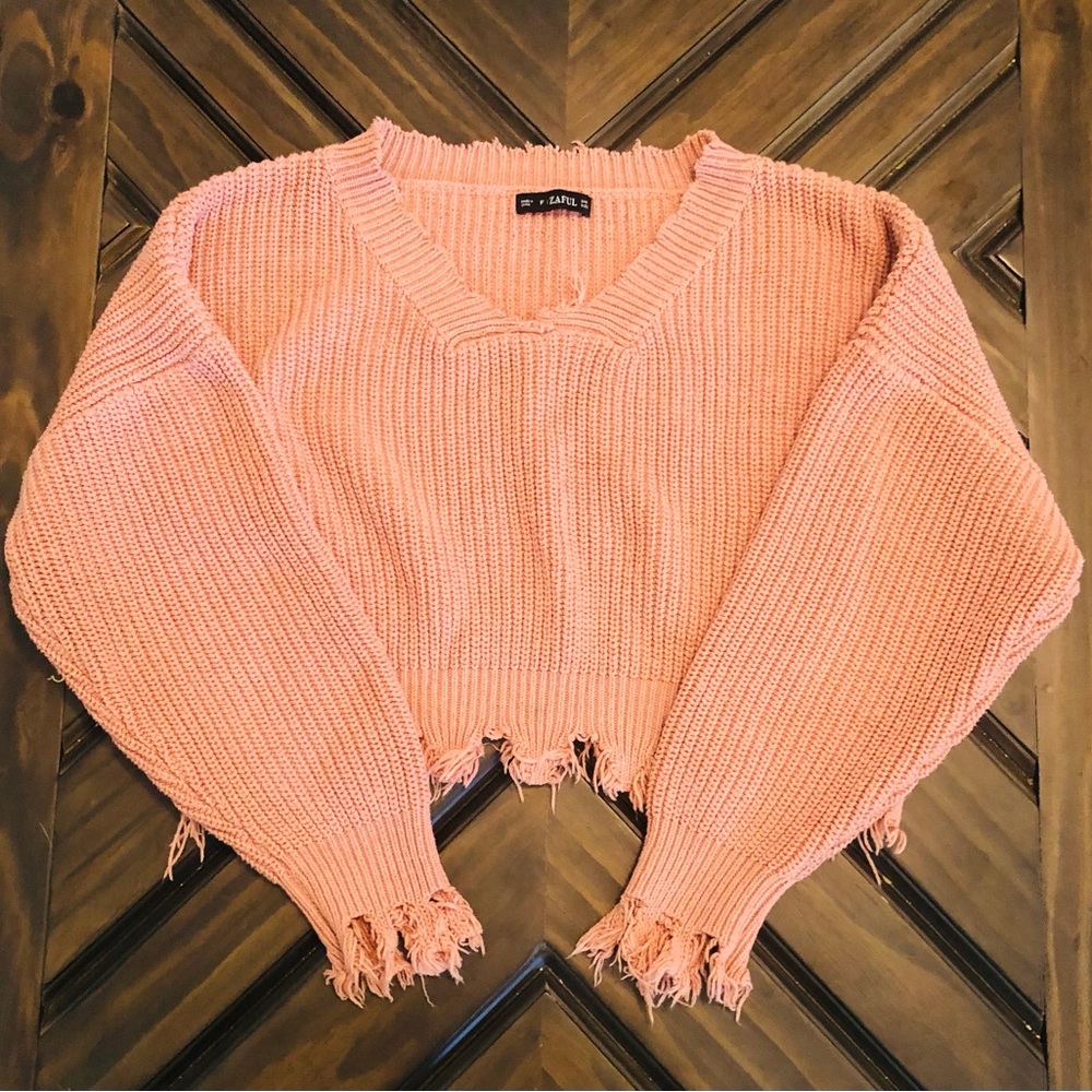 Oversized Distressed Cropped Sweater - OS (Like Large)